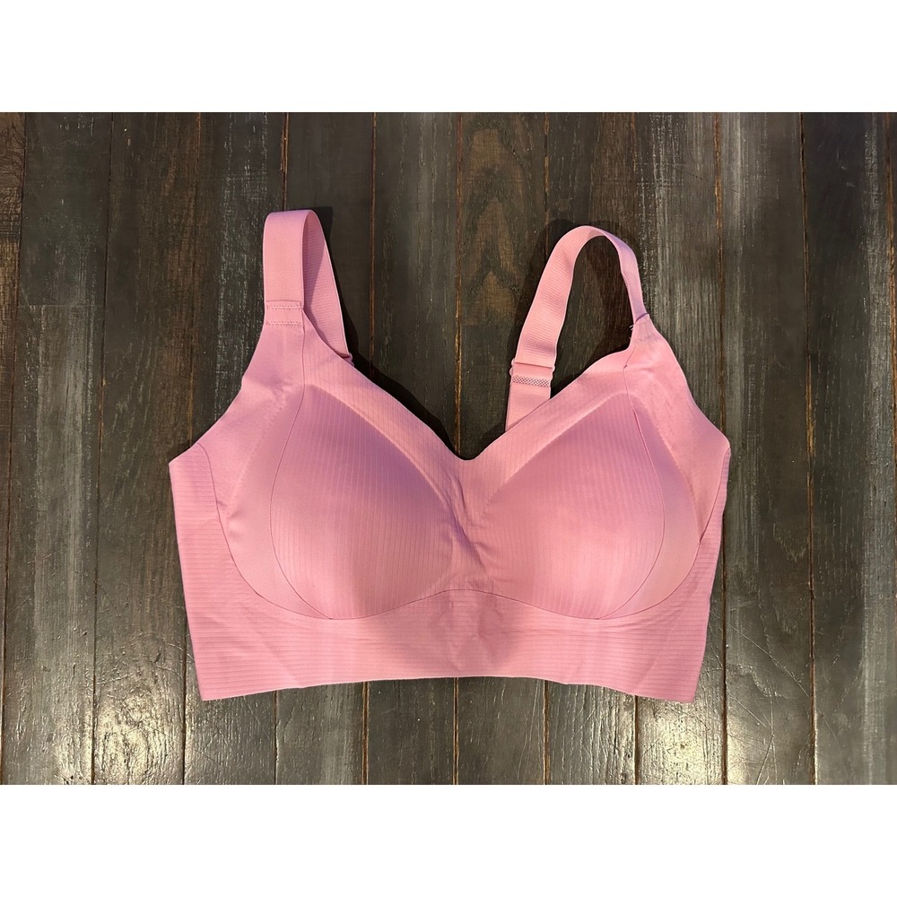 Seamless Wireless Bra Pink Ribbed V-Neck Adjustable‎ Straps Comfort